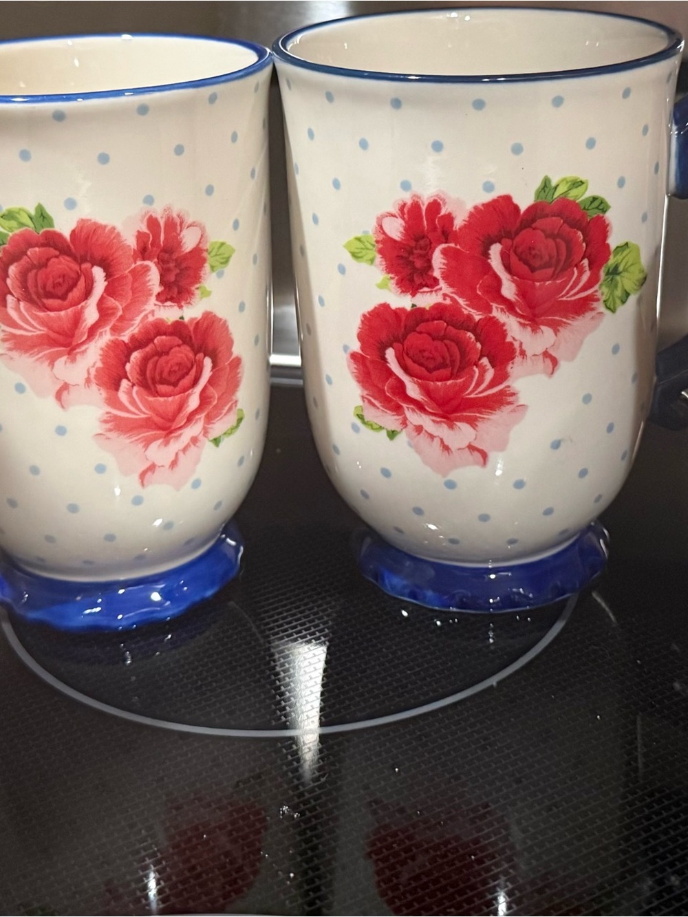 White Ceramic Mug with Red Rose Print and Blue Trim - Home Accents Decor